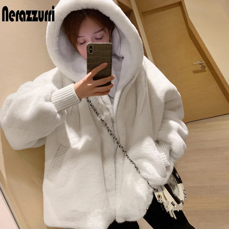 Nerazzurri Winter White Oversized Faux Fur Jacket Women with Hood Raglan Sleeve Zipper Korean Fashion Clothing for Womens 2021
