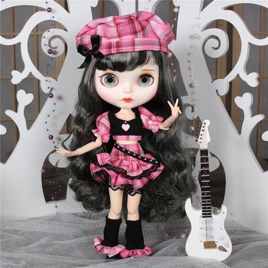 SS69 1/6 Scale Blythe Doll Anime Suit with Pink Dress and Plaid Skirt