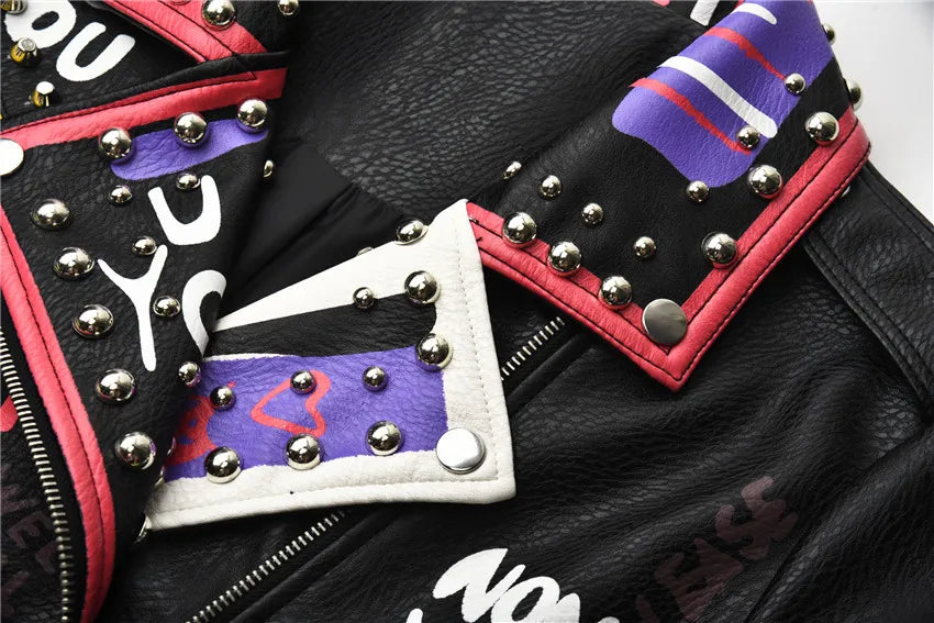 4XL fashion graffiti beading Women pu Leather Jacket Punk Style Motorcyle embrodiery leather Jackets Coats Streetwear F803 SS69