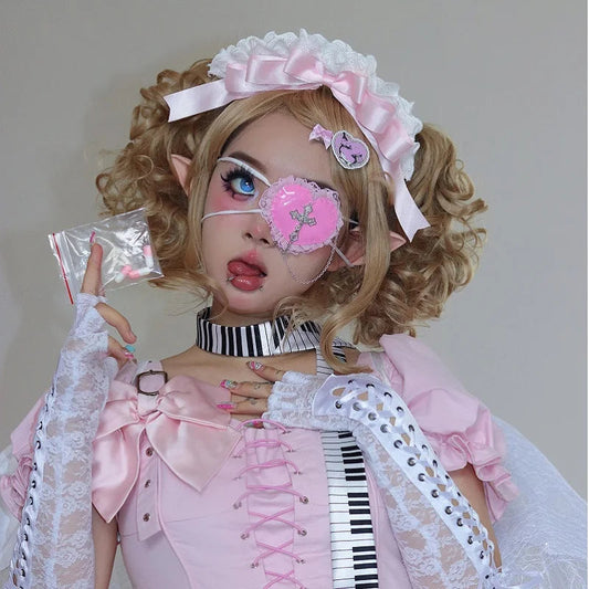 Harajuku Y2k Girls Sweet Pink Cross Lace Eyepatch Japanese Lolita Cosplay Accessory SS69