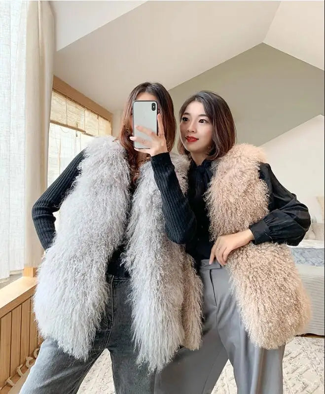 Real Mongolia Sheep Fur Vest - Natural Long Fur Gilet