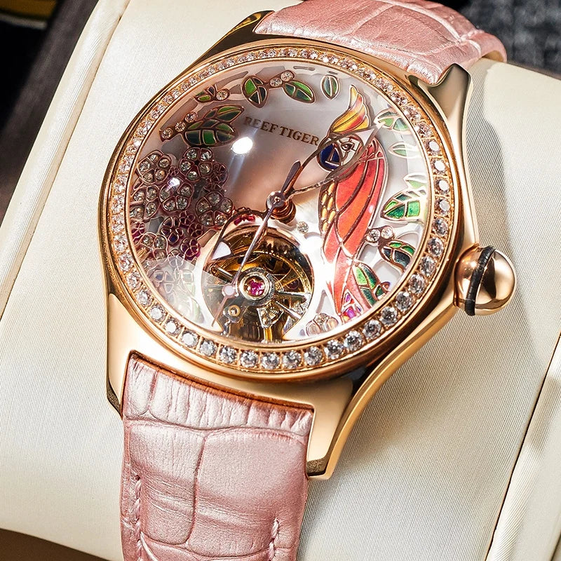Reef Tiger/RT Womens Luxury Fashion Watches Diamond Automatic Tourbillon Watch Leather Strap Watch Relogio Feminino RGA7105 SS69