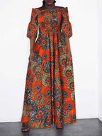 African National Print Party Dress Women Casual Sexy Slash-neck Lady Maxi Dress New Vintage Long-sleeved Loose Elegant Dresses