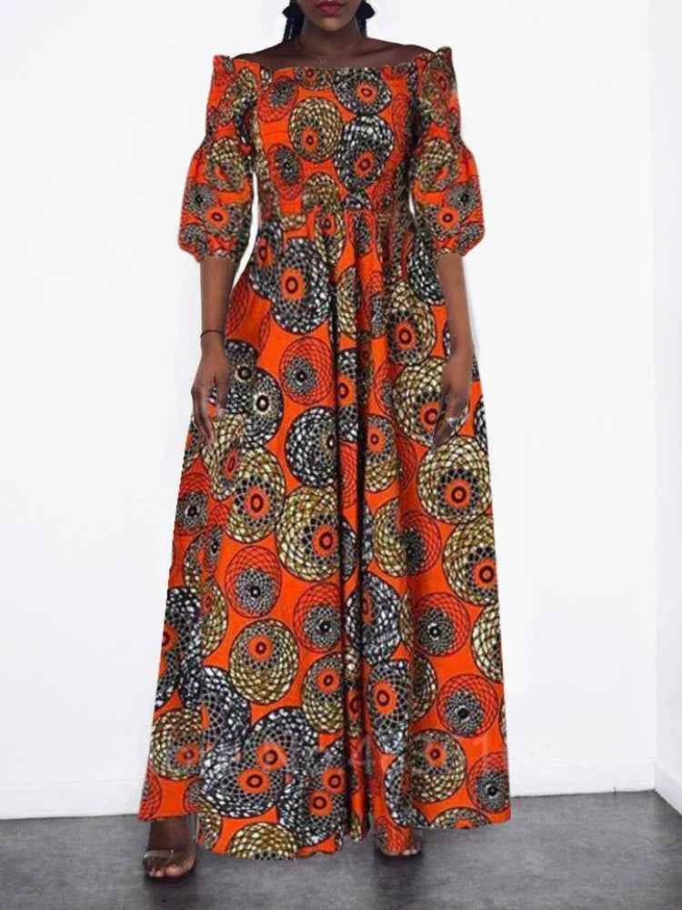African National Print Party Dress Women Casual Sexy Slash-neck Lady Maxi Dress New Vintage Long-sleeved Loose Elegant Dresses