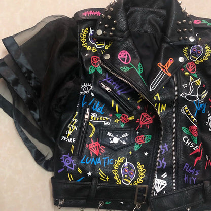 Fashion chain beading leather jacket Locomotive graffiti cartoon pu Leather Jacket female Punk Motorcyle Jacket with belt F2161 SS69