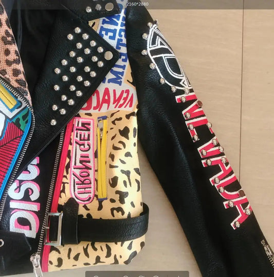 Autumn spring Locomotive graffiti cartoon pu Leather Jacket female Punk Style was thin Motorcyle Jackets Coat with belt F1962 SS69