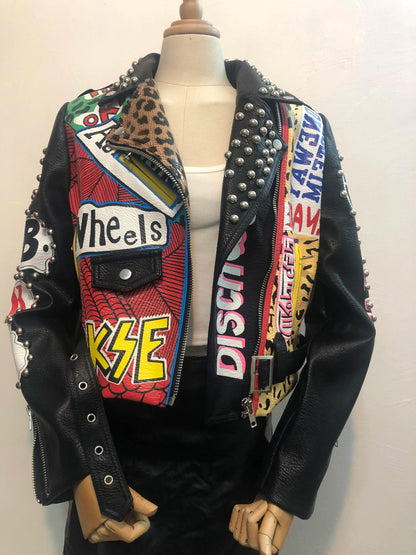 Autumn spring Locomotive graffiti cartoon pu Leather Jacket female Punk Style was thin Motorcyle Jackets Coat with belt F1962 SS69