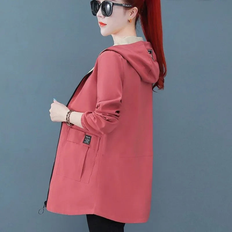 2022 New Spring Autumn Women Jacket Streetwear Hooded Coat Zippers Jackets Windbreakers Female Causal Outerwear 4XL SS69 20.69 Red bean paste / XXL