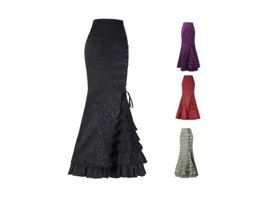 1pcs/lot Women Skirt vintage  Style Retro Mermaid Skirt Vintage Long Ruffle Slim Fishtail Skirt lace-up long print skirt SS69
