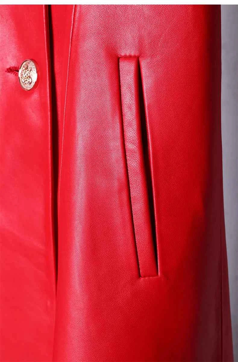 Lautaro Autumn Long Skirted Red Black Faux Leather Trench Coat for Women Double Breasted Elegant Luxury Fashion 4xl 5xl 6xl 7xl