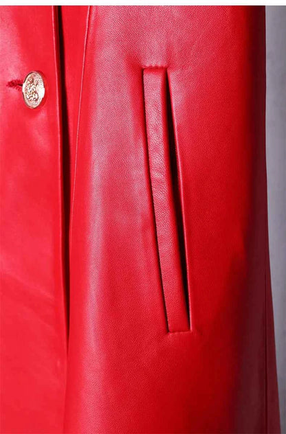 Lautaro Autumn Long Skirted Red Black Faux Leather Trench Coat for Women Double Breasted Elegant Luxury Fashion 4xl 5xl 6xl 7xl