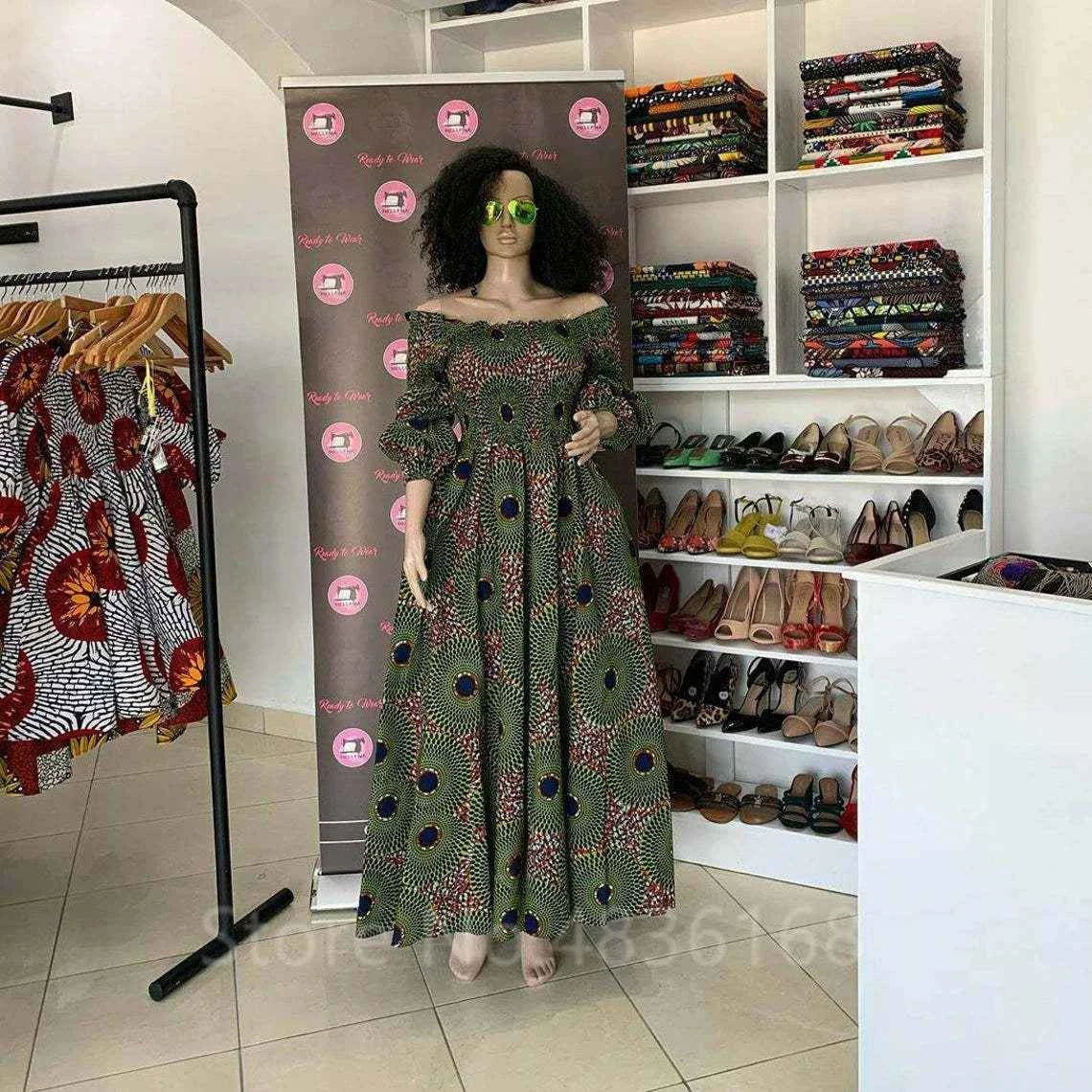 African National Print Party Dress Women Casual Sexy Slash-neck Lady Maxi Dress New Vintage Long-sleeved Loose Elegant Dresses