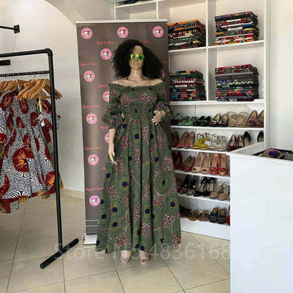 African National Print Party Dress Women Casual Sexy Slash-neck Lady Maxi Dress New Vintage Long-sleeved Loose Elegant Dresses