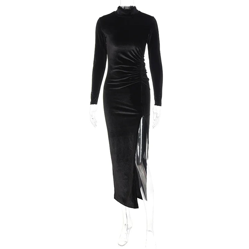 2022 Autumn Winter Women Solid Velvet Long Sleeve Ruched Midi Dress Side Slit Bodycon Sexy Streetwear Party Elegant Club SS69