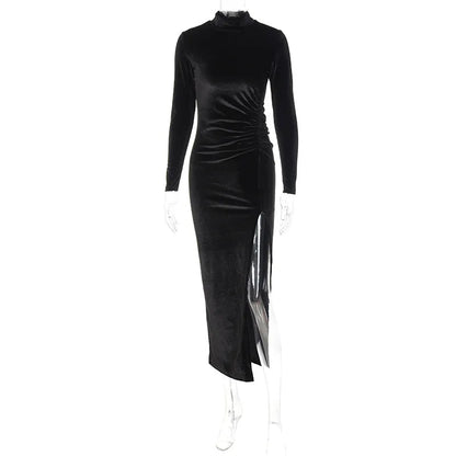 2022 Autumn Winter Women Solid Velvet Long Sleeve Ruched Midi Dress Side Slit Bodycon Sexy Streetwear Party Elegant Club SS69