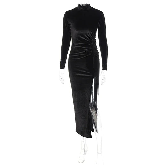 2022 Autumn Winter Women Solid Velvet Long Sleeve Ruched Midi Dress Side Slit Bodycon Sexy Streetwear Party Elegant Club SS69