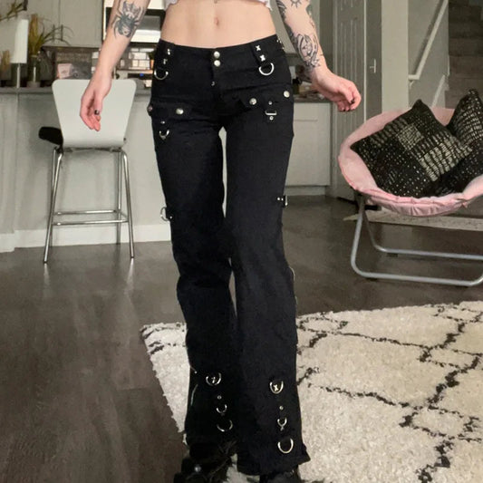 Yangelo Dark Punk Y2k Grunge Low Waist Emo Jeans Mall Gothic Women Black Patchwork Electro Pants Fashion Streetwear Alt Clothes SS69 63.69 black / XL