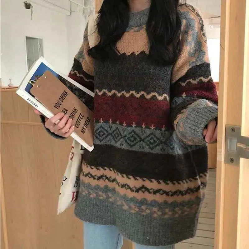 Vintage Sweaters Women Pullover Winter Striped Jumpers Korean Style Loose Pullover Knitwear Casual Loose Sweater Pull Femme