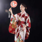 Burgundy Traditional Japanese Yukata Kimono Dress for Women Haori Floral  Cosplay Costumes Asian Long Robes Pajamas Clothing