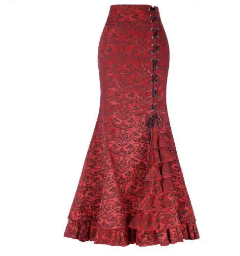 1pcs/lot Women Skirt vintage  Style Retro Mermaid Skirt Vintage Long Ruffle Slim Fishtail Skirt lace-up long print skirt SS69