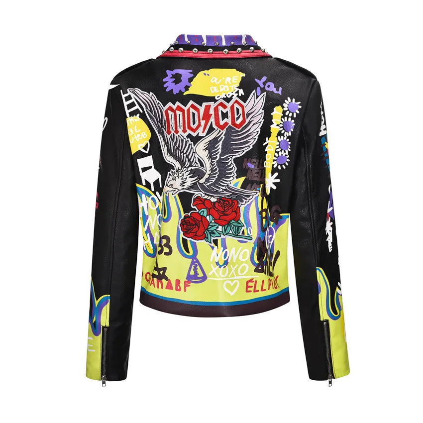 4XL fashion graffiti beading Women pu Leather Jacket Punk Style Motorcyle embrodiery leather Jackets Coats Streetwear F803 SS69