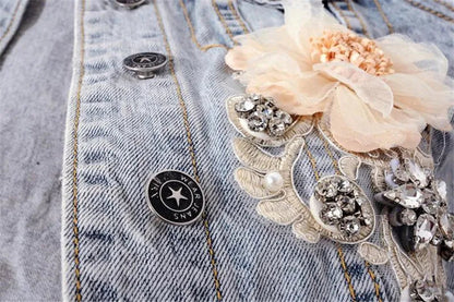 2024 New Autumn Women’s Denim Jacket Long Sleeve Overcoat Loose Three-dimensional Button Pearls Outwear Ripped Jeans Jackets SS69