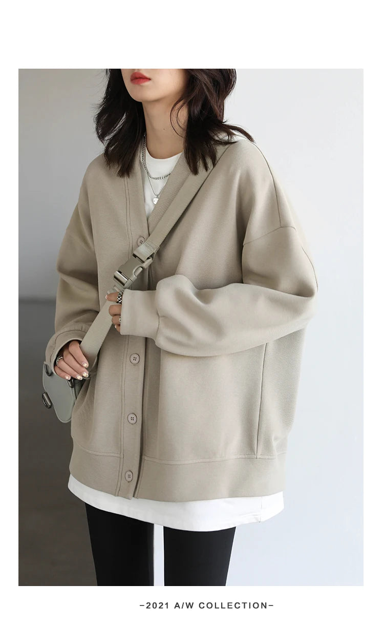 CHIC VEN Korean Autumn Winter Women's Sports Coat Casual Loose V-neck Sweatshirt for Women Thick Warm Tops Office Lady Female