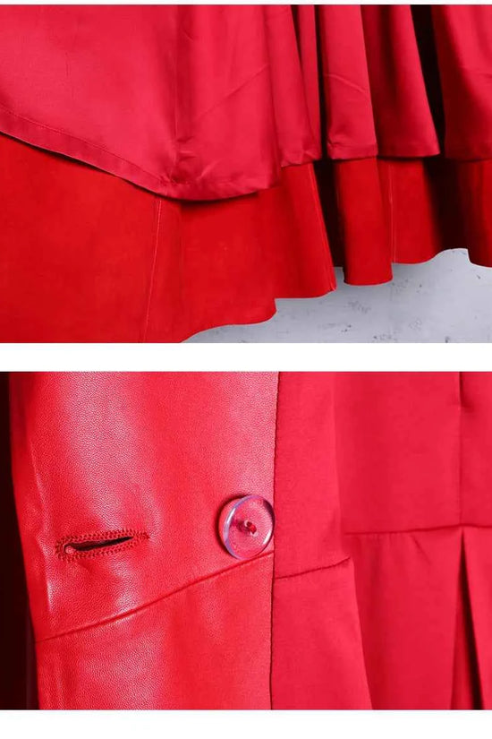 Lautaro Autumn Long Skirted Red Black Faux Leather Trench Coat for Women Double Breasted Elegant Luxury Fashion 4xl 5xl 6xl 7xl