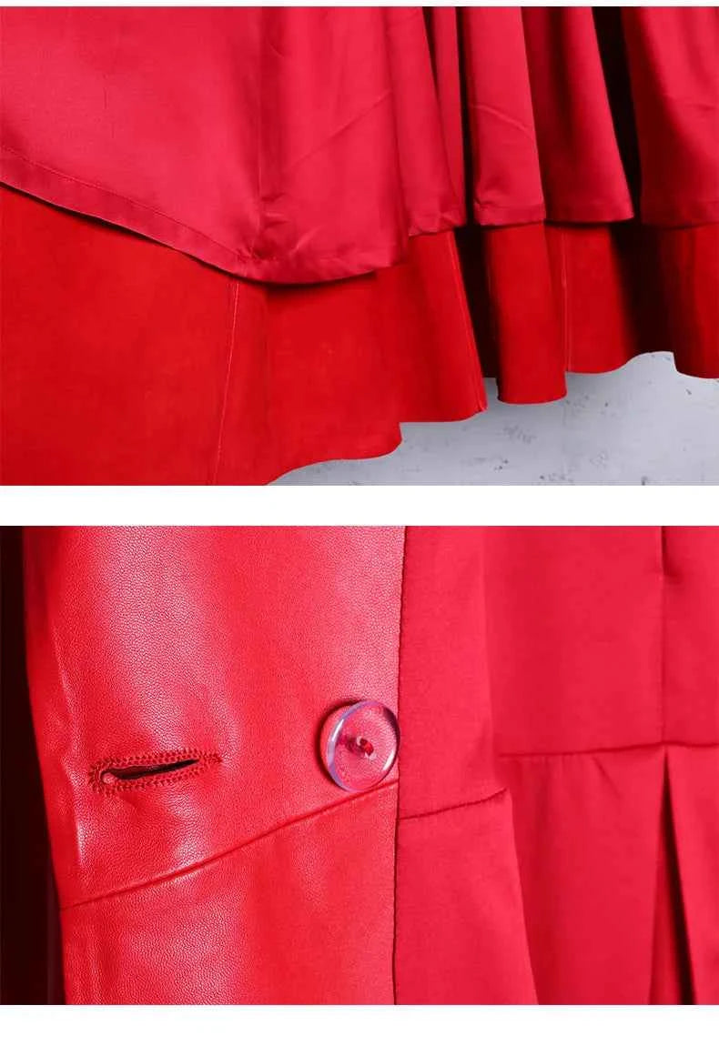 Lautaro Autumn Long Skirted Red Black Faux Leather Trench Coat for Women Double Breasted Elegant Luxury Fashion 4xl 5xl 6xl 7xl