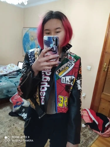 Autumn spring Locomotive graffiti cartoon pu Leather Jacket female Punk Style was thin Motorcyle Jackets Coat with belt F1962 SS69