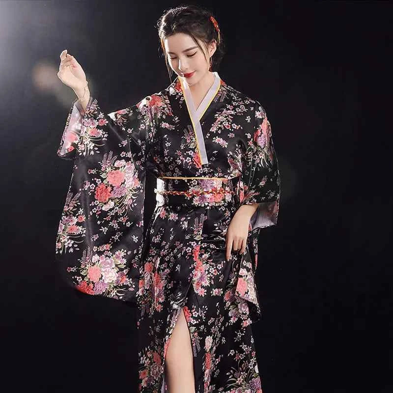 Burgundy Traditional Japanese Yukata Kimono Dress for Women Haori Floral  Cosplay Costumes Asian Long Robes Pajamas Clothing