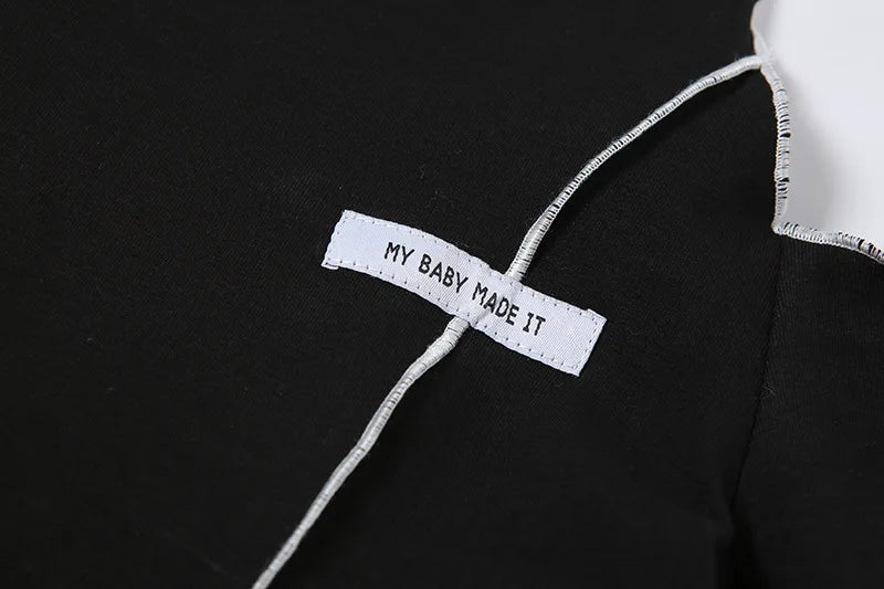 Patchwork Black T-shirts Gothic One Shoulder Sleeve Y2k Crop Tops Ruffles Hem Hip Hop Techwear Women Tees - SS69