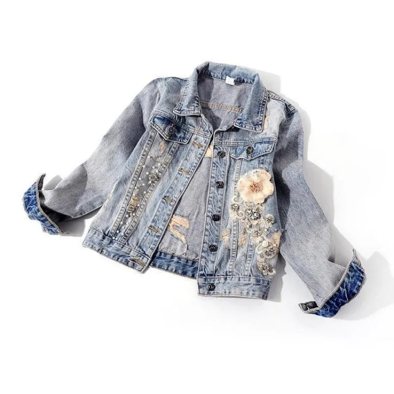 2024 New Autumn Women’s Denim Jacket Long Sleeve Overcoat Loose Three-dimensional Button Pearls Outwear Ripped Jeans Jackets SS69