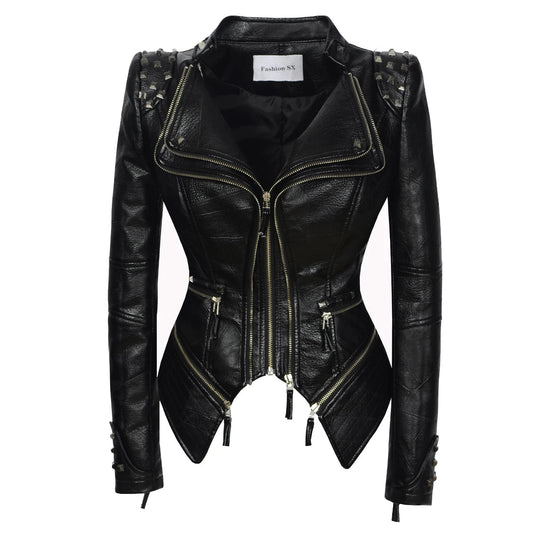 SX women 2019 spring autumn denim rivet punk Short Slim fit jacket motorcycle Windbreaker zipper outerwear SS69 72.69 Bright black PU / L / CHINA