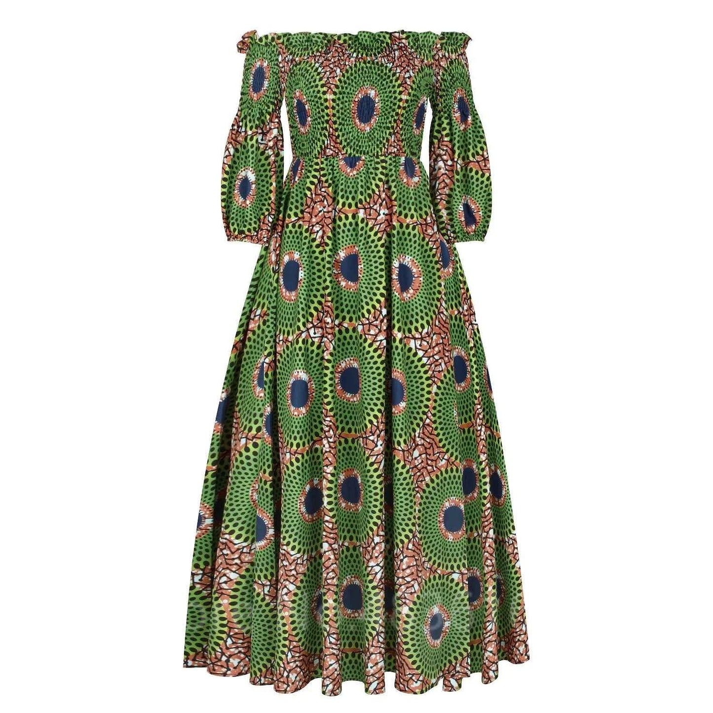 African National Print Party Dress Women Casual Sexy Slash-neck Lady Maxi Dress New Vintage Long-sleeved Loose Elegant Dresses