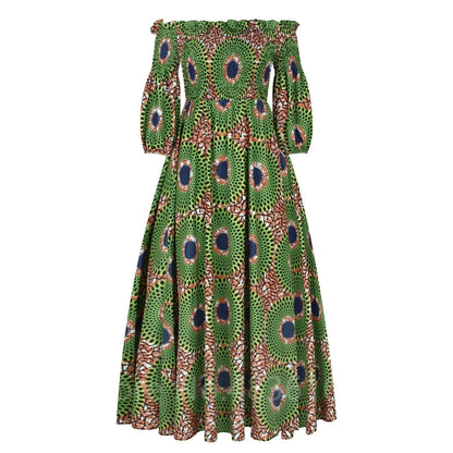 African National Print Party Dress Women Casual Sexy Slash-neck Lady Maxi Dress New Vintage Long-sleeved Loose Elegant Dresses