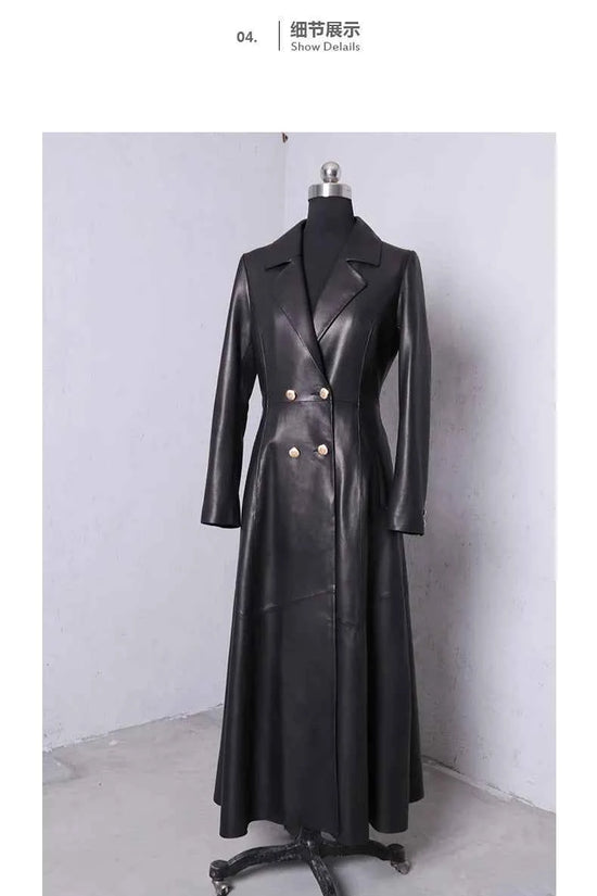 Lautaro Autumn Long Skirted Red Black Faux Leather Trench Coat for Women Double Breasted Elegant Luxury Fashion 4xl 5xl 6xl 7xl