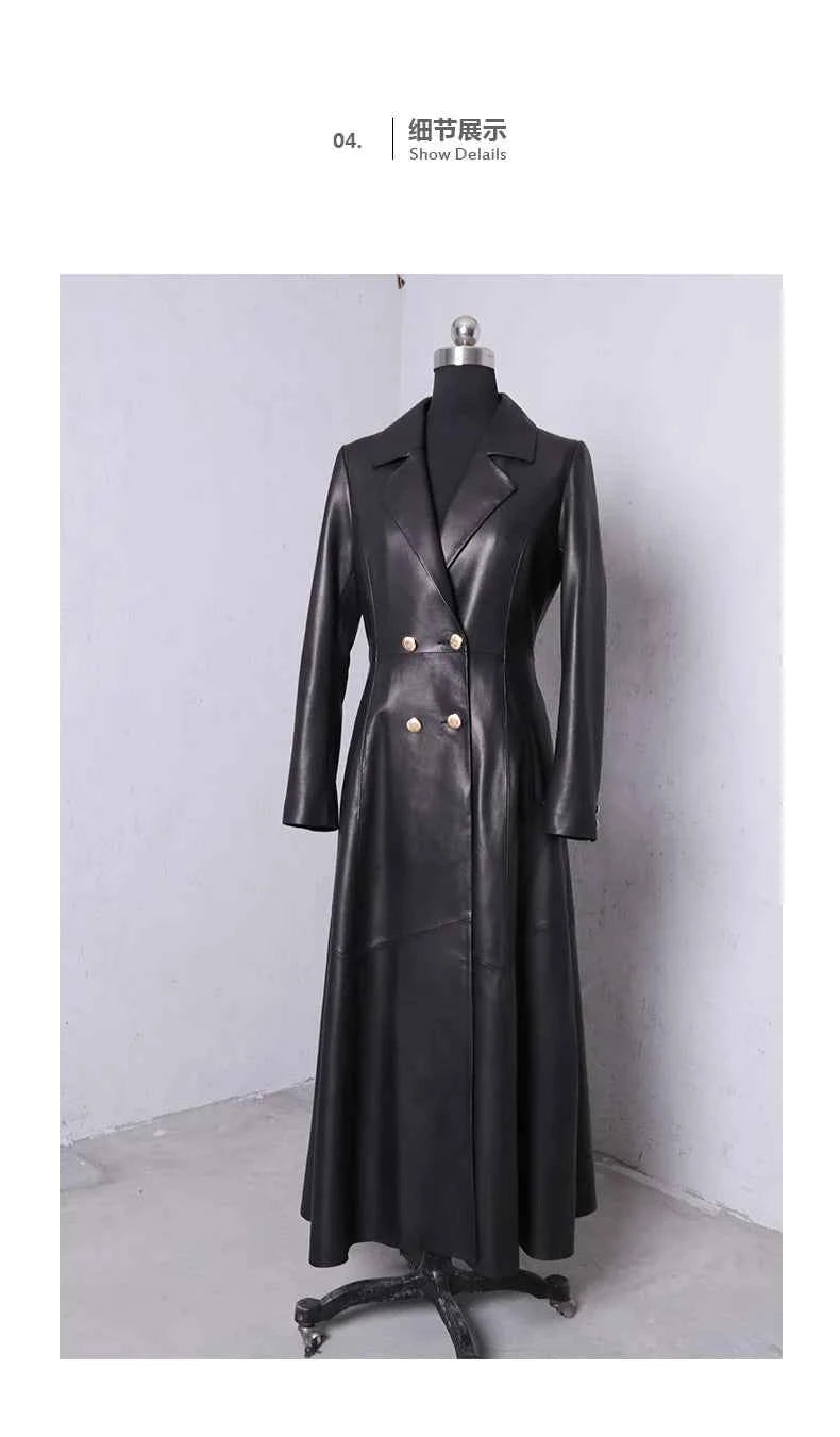Lautaro Autumn Long Skirted Red Black Faux Leather Trench Coat for Women Double Breasted Elegant Luxury Fashion 4xl 5xl 6xl 7xl