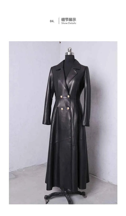 Lautaro Autumn Long Skirted Red Black Faux Leather Trench Coat for Women Double Breasted Elegant Luxury Fashion 4xl 5xl 6xl 7xl