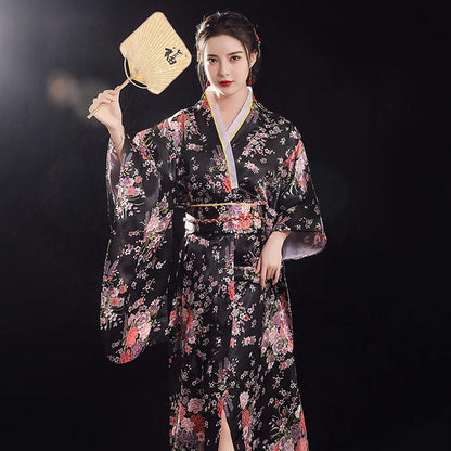 Japanese Traditional Yukata Kimono With Obi Vintage Women Evening Dress Geisha Kimono Vintage Women Stage Show Costume Cosplay