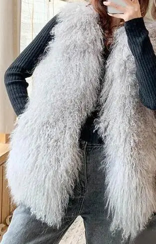New Real Sheep Fur Vest 100% Natural Mongolia Fur Gilet Pure Long Fur Genuine Fur Oversize Vest ksr801