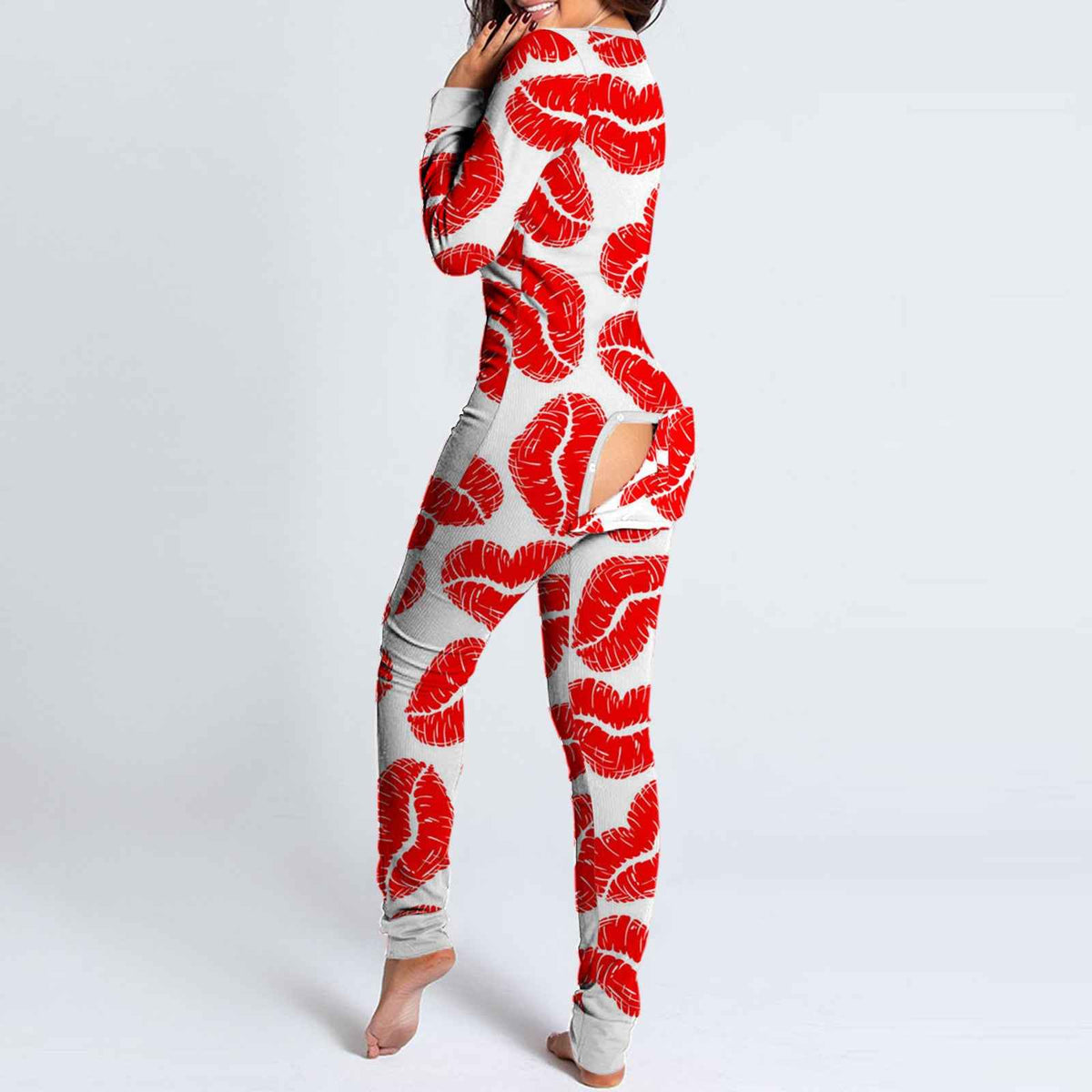 Sexy Women Pajamas Onesies Button-down Buttoned Flap Adults Pyjama Autumn Long Sleeve V-neck Jumpsuit Female Bodysuit Sleepwear