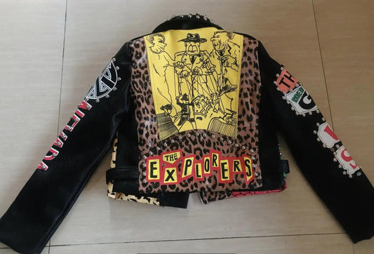 Autumn spring Locomotive graffiti cartoon pu Leather Jacket female Punk Style was thin Motorcyle Jackets Coat with belt F1962 SS69