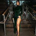 2022 Autumn Winter Women Solid Velvet Long Sleeve Ruched Midi Dress Side Slit Bodycon Sexy Streetwear Party Elegant Club SS69