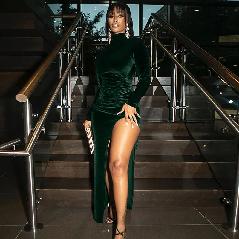 2022 Autumn Winter Women Solid Velvet Long Sleeve Ruched Midi Dress Side Slit Bodycon Sexy Streetwear Party Elegant Club SS69