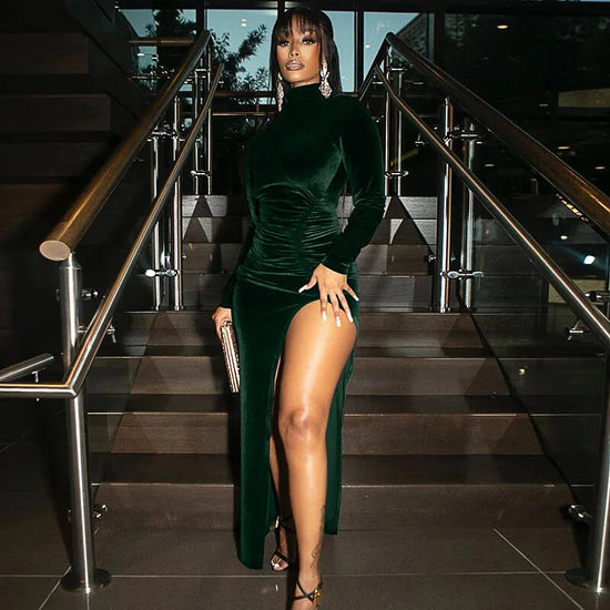 2022 Autumn Winter Women Solid Velvet Long Sleeve Ruched Midi Dress Side Slit Bodycon Sexy Streetwear Party Elegant Club SS69