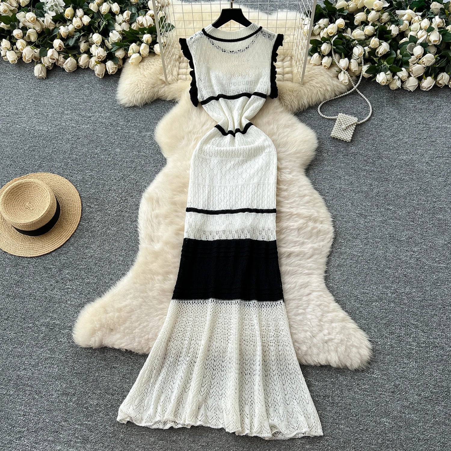 Summer Korean Tunic Knit Midi Dress For Women Empire Contrast Color Hollow Out Lace Dress SS69