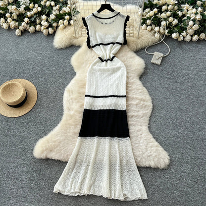 Summer Korean Tunic Knit Midi Dress For Women Empire Contrast Color Hollow Out Lace Dress SS69