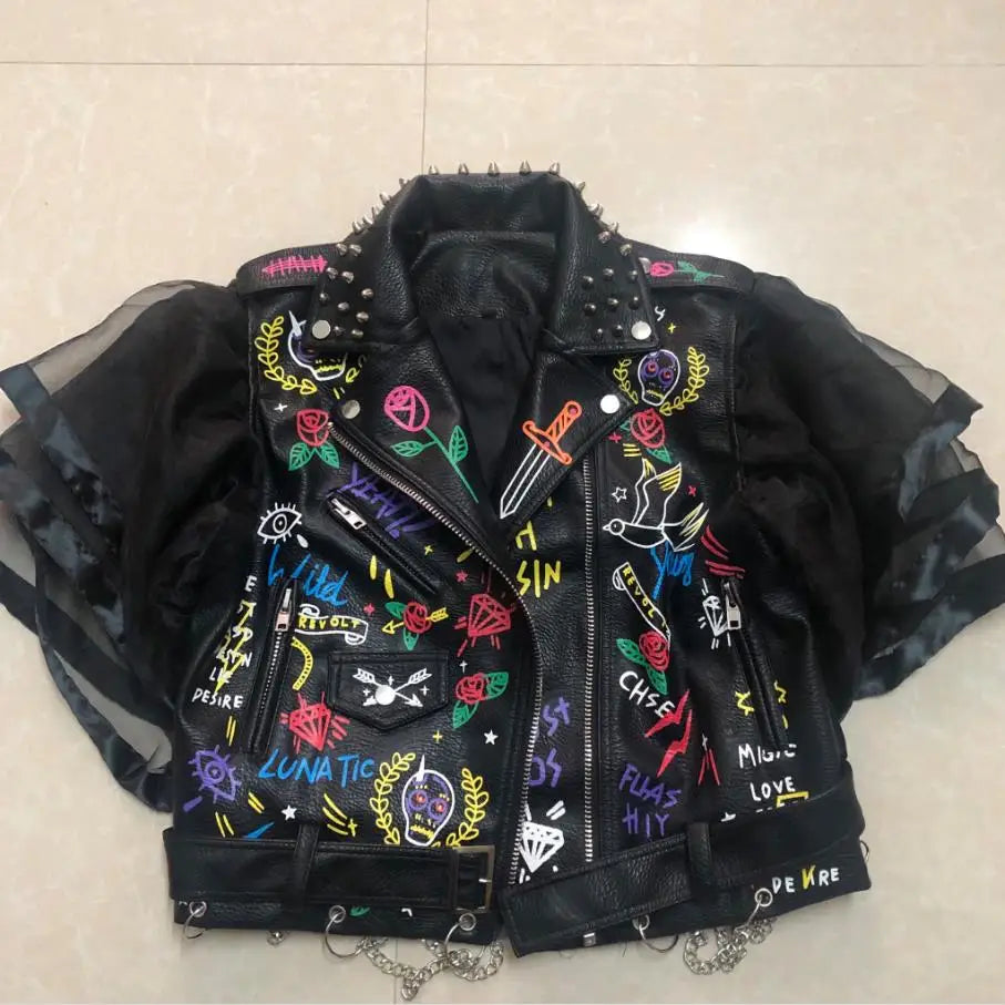 Fashion chain beading leather jacket Locomotive graffiti cartoon pu Leather Jacket female Punk Motorcyle Jacket with belt F2161 SS69 93.69 black / S