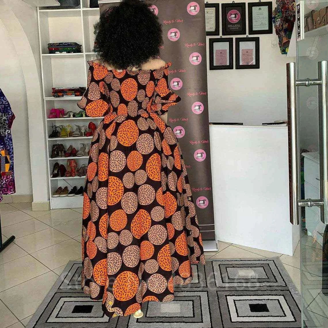 African National Print Party Dress Women Casual Sexy Slash-neck Lady Maxi Dress New Vintage Long-sleeved Loose Elegant Dresses